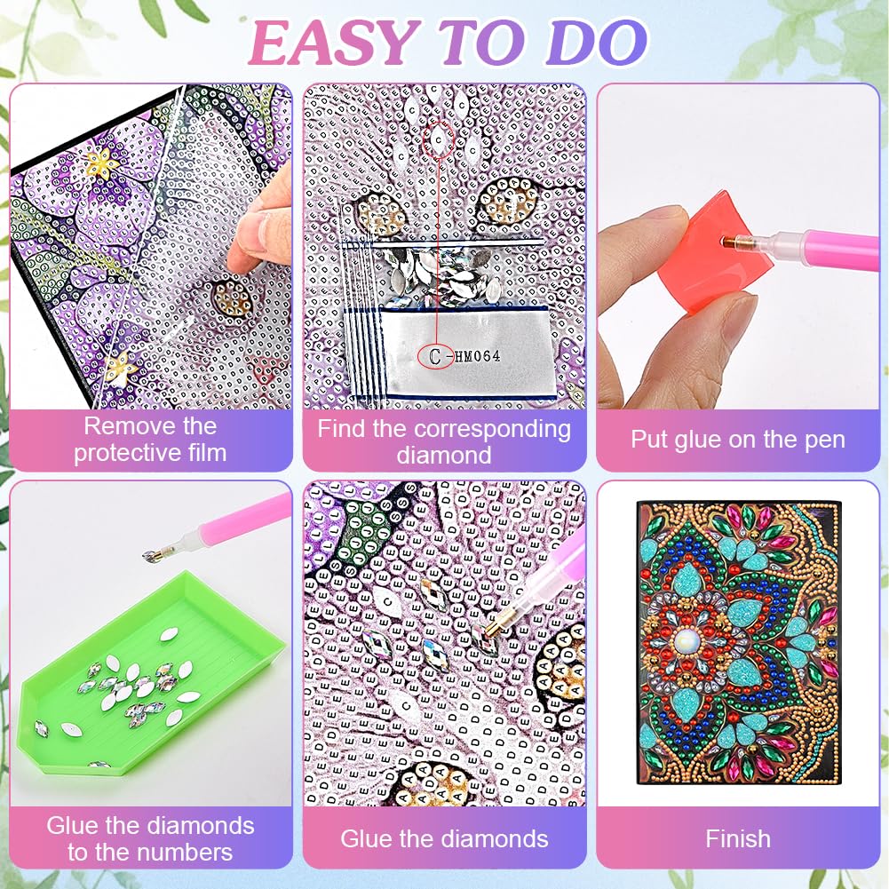 AUAUY 2Pack Boho Diamond Art Notebook, A5 Mandala Blank Notebook Craft Kits for Kids Age 6-8-9-10, Birthday Gifts for 5-12 Yrs Girls, 5D Diamond Art Painting Stationery Set Arts and Crafts