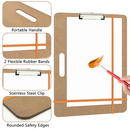 Drawing Board 13x17 Sketch Board with Handle, Portable Wooden Art Clipboard with Sturdy Clip and Rubber Bands, Lightweight Drafting Board Fits in Artists Tote for Sketching, Drawing & Painting