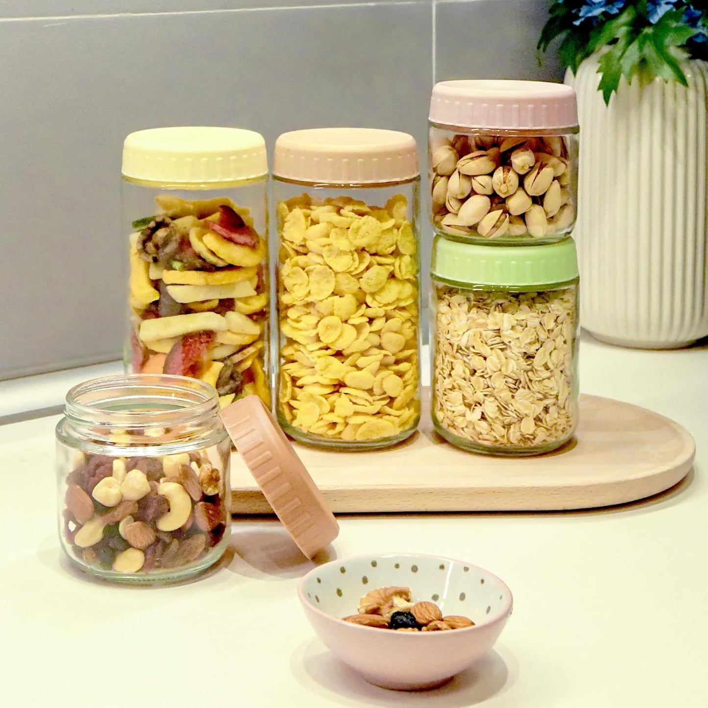 24oz 8 SHOWIN Overnight Oats Containers with Lids, Glass Jars with Lids pcs, Pink, Wide Mouth Mason jars for Salad
