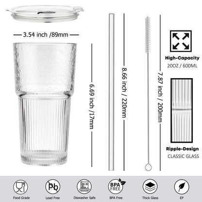 ALINK 20oz Glass Tumblers with Lids and Straws, Set of 2 - Stylish Ribbed Design Drinking Glasses for Iced Coffee Cups, Juice, Smoothies, Cold Beverages, Includes Cleaning Brush, Durable Glassware