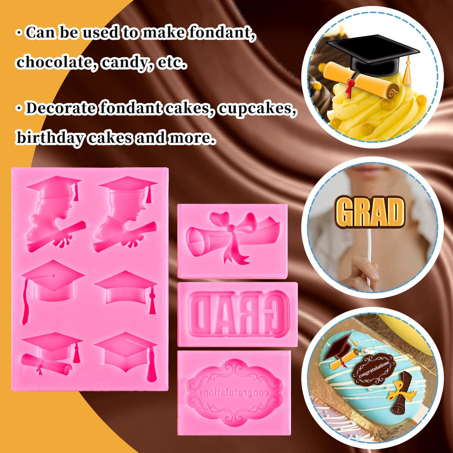 Whaline 4 Pack Graduation Mini Fondant Molds Silicone Cap Diploma mould Congrats Grad Congratulations Candy Chocolate Mould for Party Soap Jelly Cake Cupcake Topper Decoration
