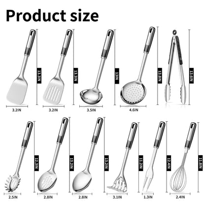 Stainless Steel Kitchen Utensil Set – Premium Thickened Cooking Utensils Set, Silver Kitchen Tools Set for Cooking, Dishwasher Safe Kitchen Tool Set