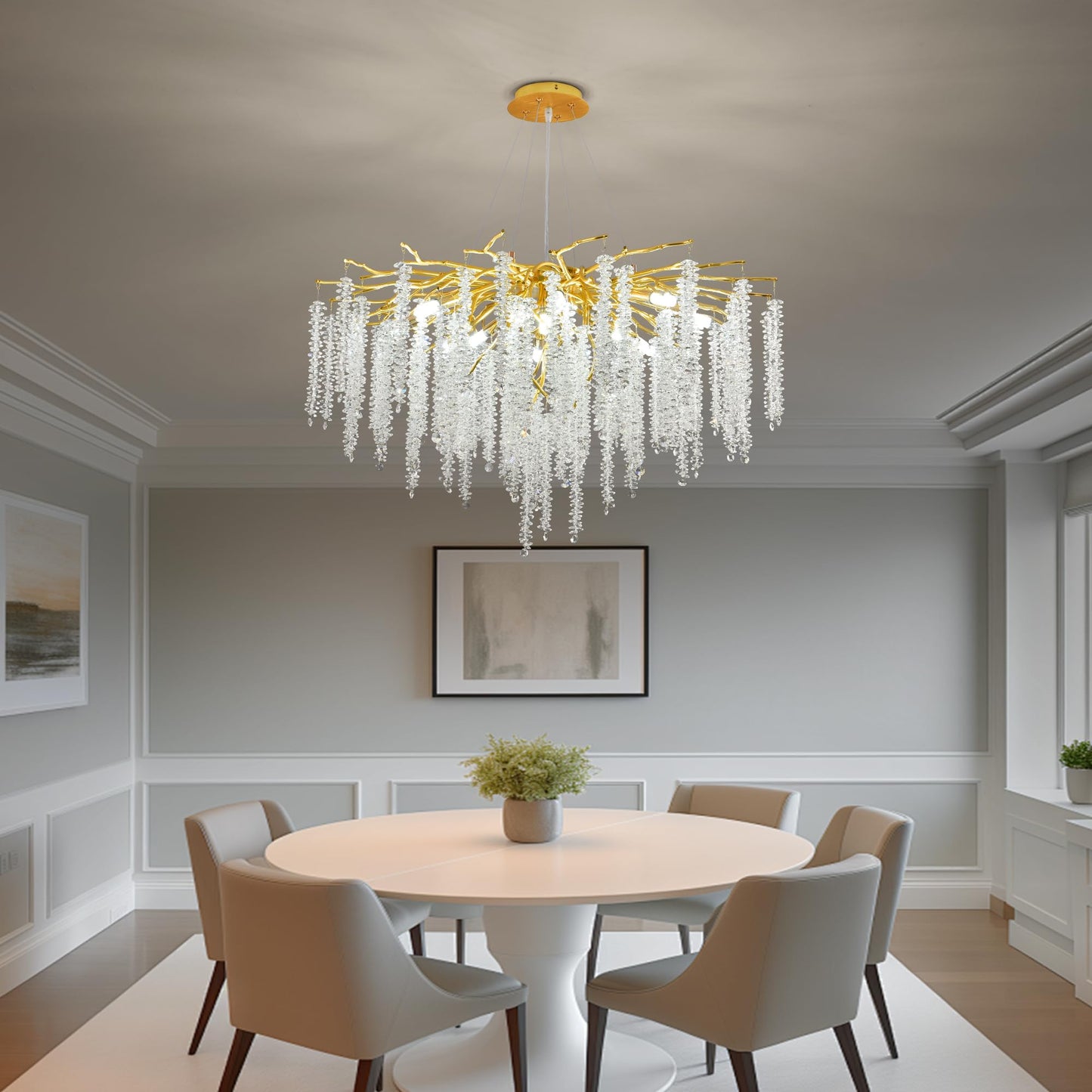 Puvaue Crystal Tree Branches Chandeliers Luxury Round Raindrop Pendant Light Fixture Ceiling Hanging Light for Dining Room Bedroom Living Room Entryway D31.5“ Gold