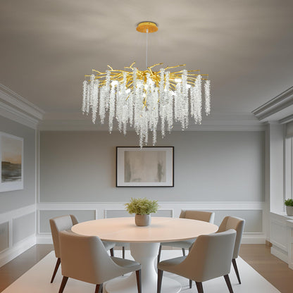 Puvaue Crystal Tree Branches Chandeliers Luxury Round Raindrop Pendant Light Fixture Ceiling Hanging Light for Dining Room Bedroom Living Room Entryway D31.5“ Gold