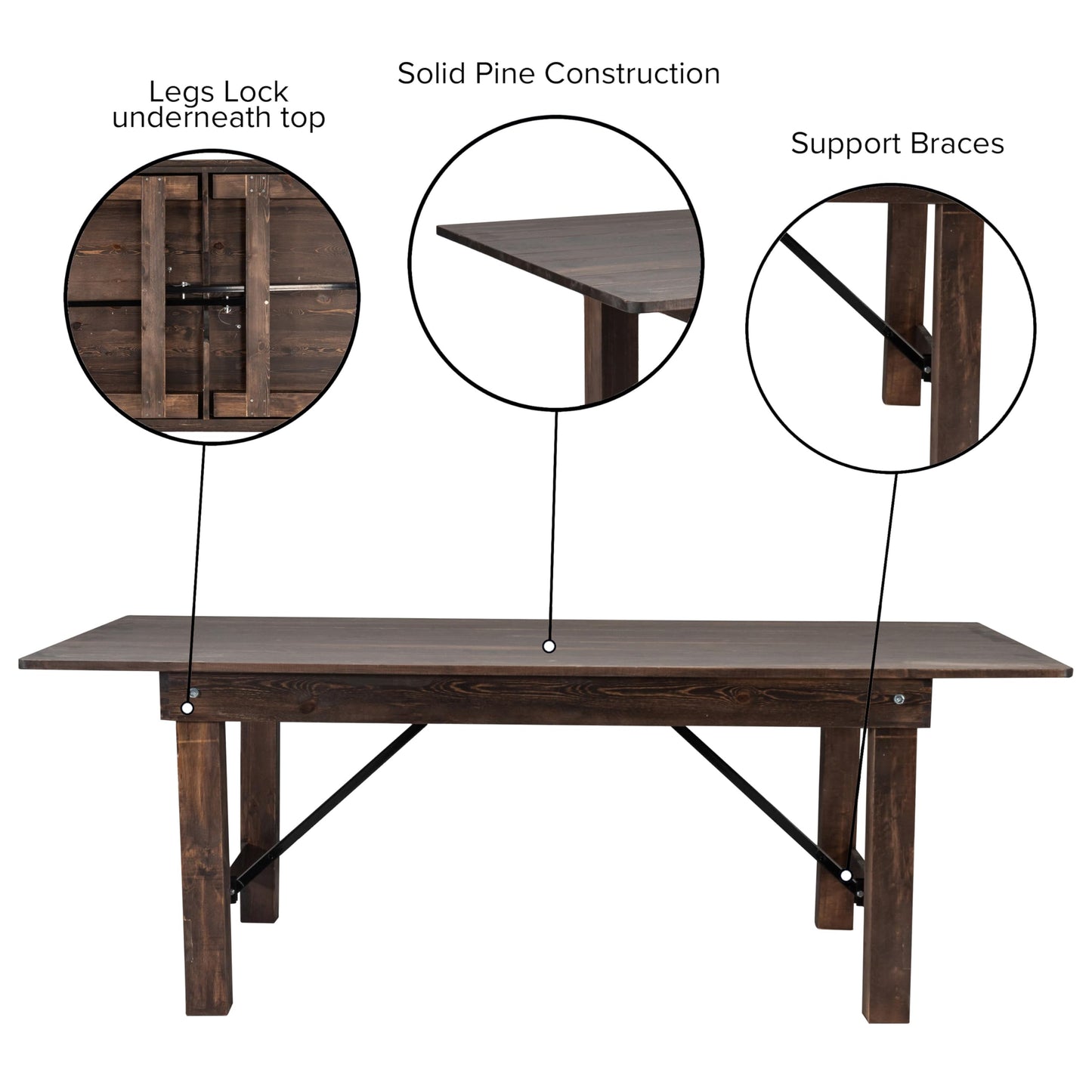 Taylor & Logan Ingles 8' x 40" Rectangular Antique Rustic Mahogany Solid Pine Folding Farm Table