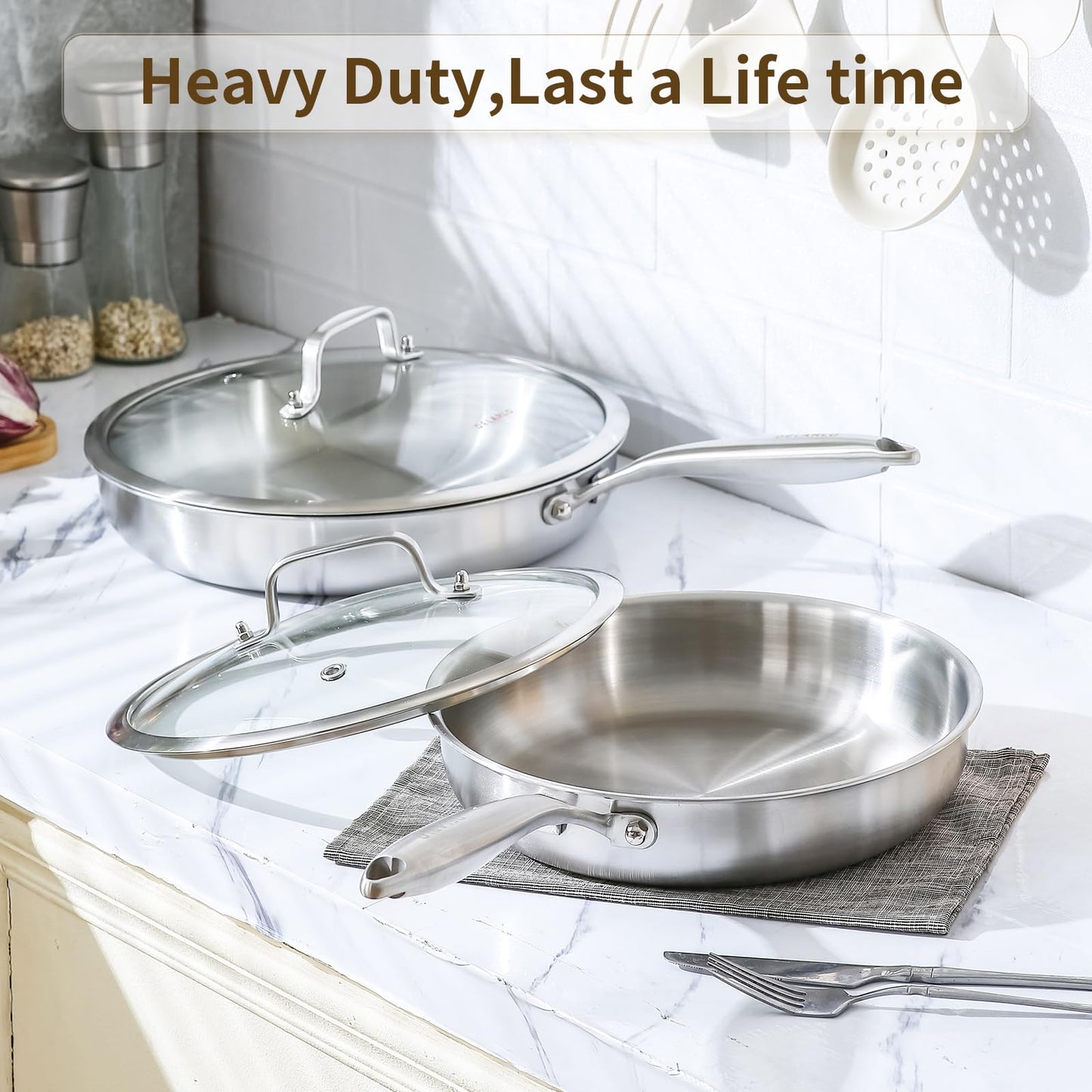 DELARLO Tri-Ply Stainless Steel Pan, 18/10 Frying Pan, Oven Safe Up to 600°F, Nontoxic Cookware, Compatible with All Cooktops Skillet, Durable, Fast Even Heat Fry Pan,12 inch Pan with Glass Lids