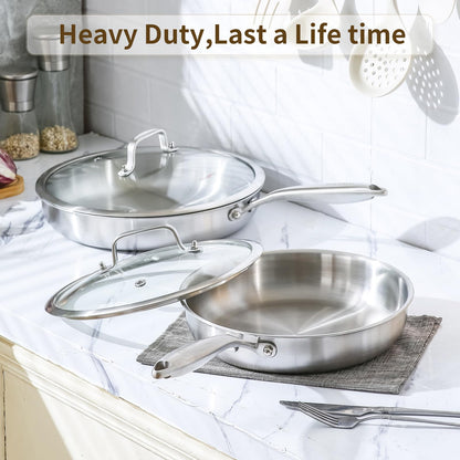 DELARLO Tri-Ply Stainless Steel Pan, 18/10 Frying Pan, Oven Safe Up to 600°F, Nontoxic Cookware, Compatible with All Cooktops Skillet, Durable, Fast Even Heat Fry Pan,12 inch Pan with Glass Lids