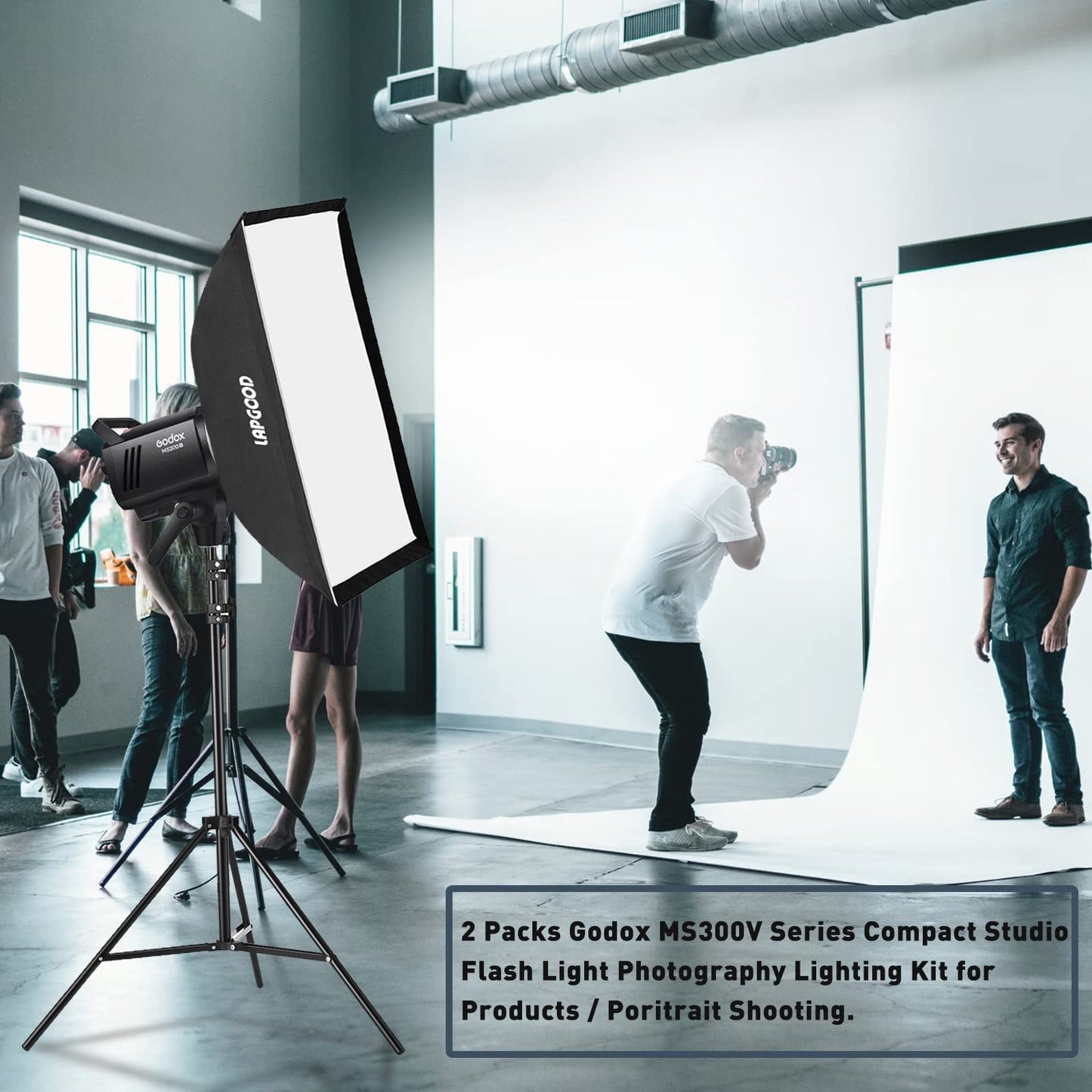 Godox MS300V Studio Flash Kit (2X 300W) with 2 Softboxes, 2 Light Stands, 2 Reflectors, LED Modeling Lamps, 2.4G Wireless X System, Bowens Mount – Ideal for Studio, Portrait & Fashion Photography