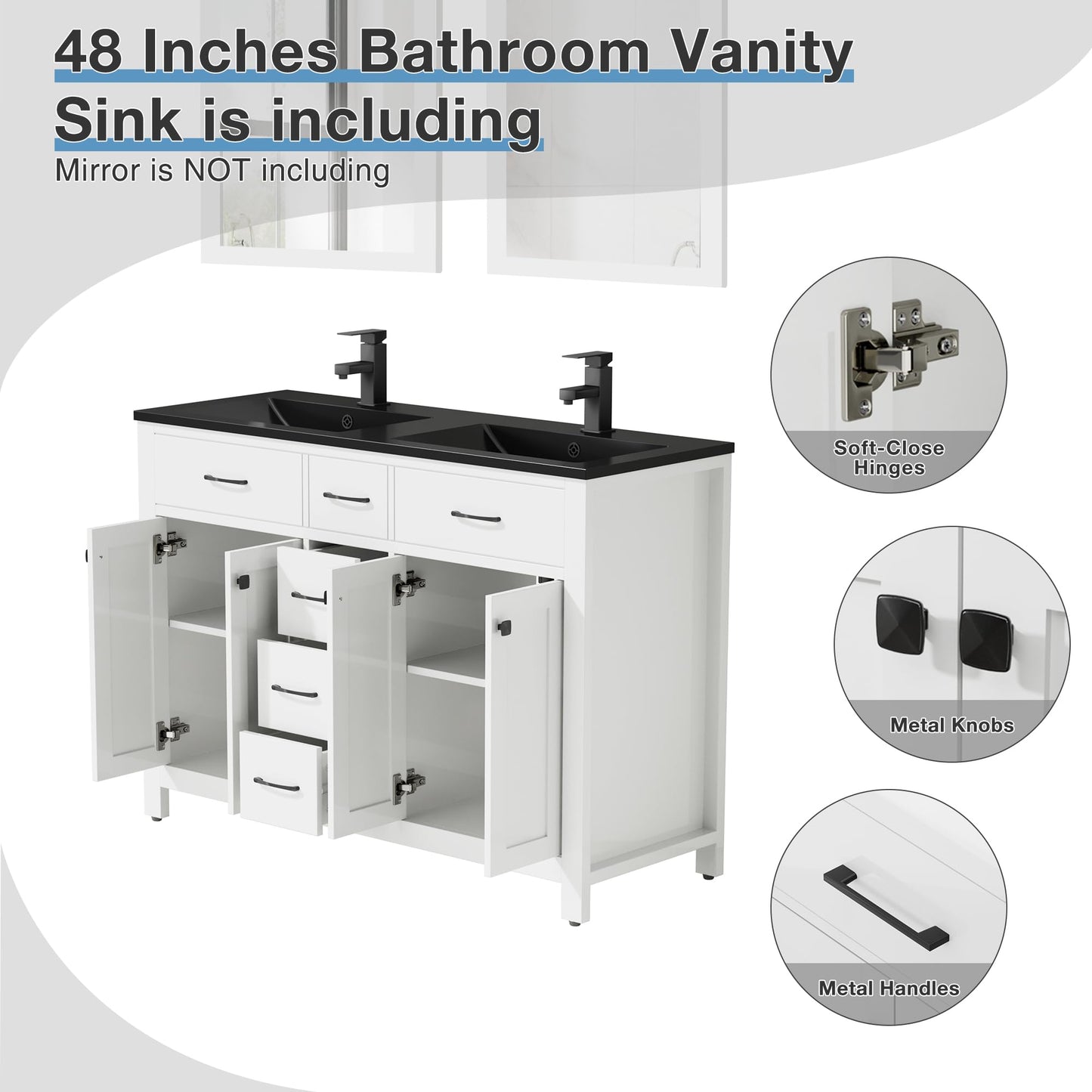 LUCKWIND 48" Modern Bathroom Vanity with Sink Combo, Contemporary Painted Storage Cabinet and Double Black Sink, Include Soft-Closing Doors & Matte Black Faucet, White