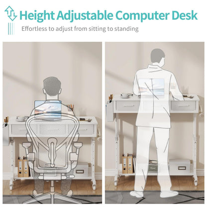 White Portable Rolling Computer Desk - 40 Inch Adjustable Mobile Standing Teacher Desks with 3 Fabric Drawers on Wheels, Couch Sofa Side Laptop Stand Up Table with Storage for Home Office, White
