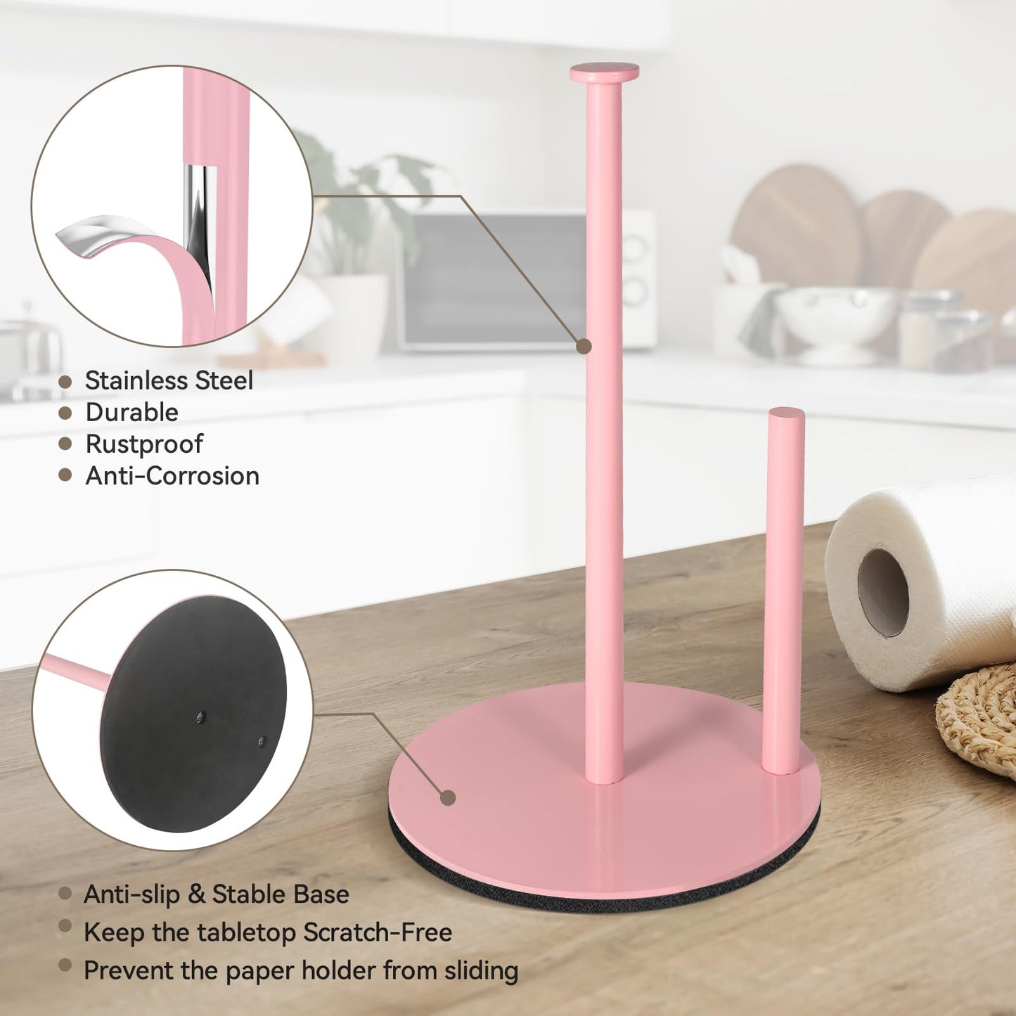 Paper Towel Holder Pink, Paper Towel Holder Countertop with Anti Slip Weighted Base, Stainless Steel Freestanding Paper Towel Holders for Kitchen