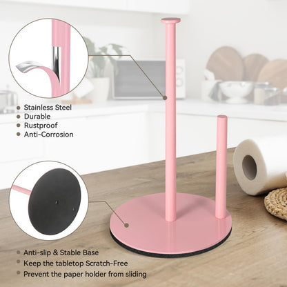Paper Towel Holder Pink, Paper Towel Holder Countertop with Anti Slip Weighted Base, Stainless Steel Freestanding Paper Towel Holders for Kitchen