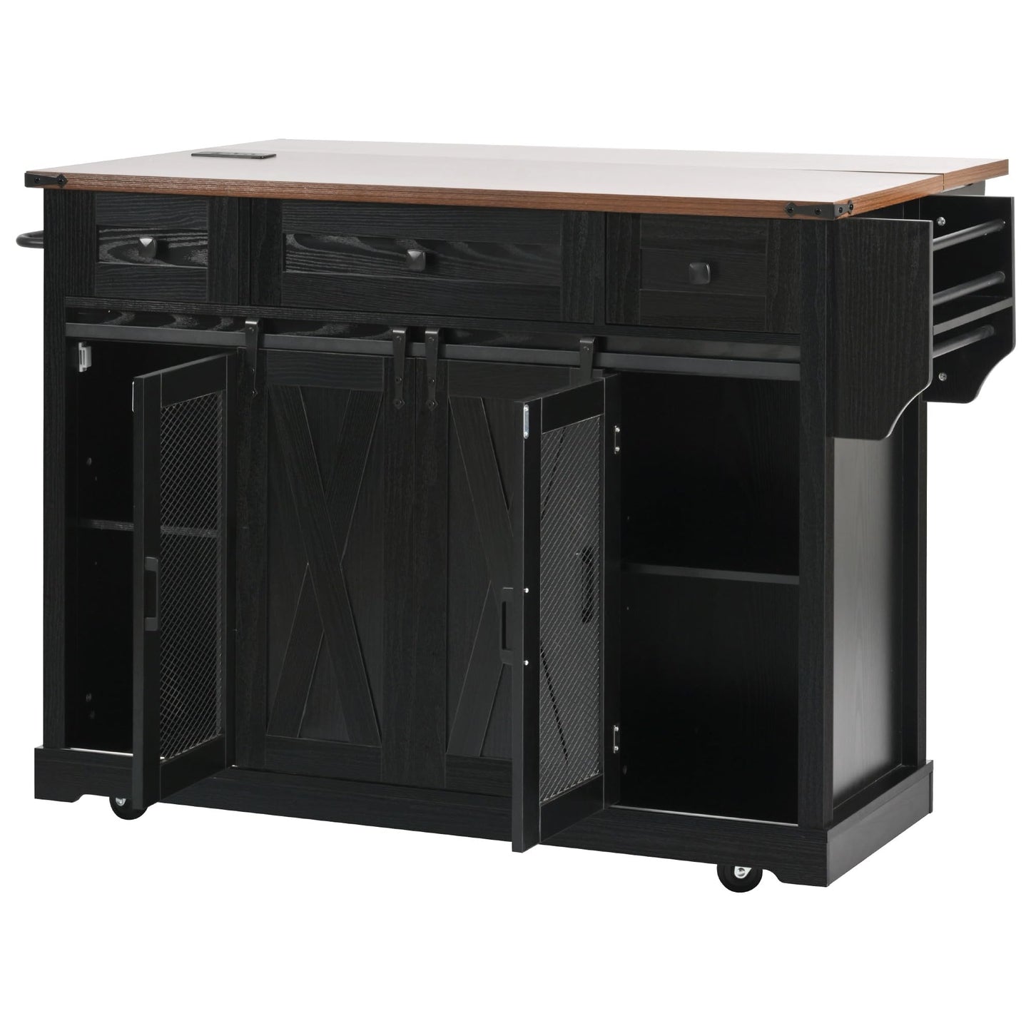 Bellemave 58" Farmhouse Kitchen Island cart with Charging Station and with Storage, Sliding Barn Door & Metal Grid Side Door, Rolling Kitchen Island Table with 5 Wheels with Spice Rack, Black