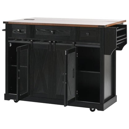 Bellemave 58" Farmhouse Kitchen Island cart with Charging Station and with Storage, Sliding Barn Door & Metal Grid Side Door, Rolling Kitchen Island Table with 5 Wheels with Spice Rack, Black