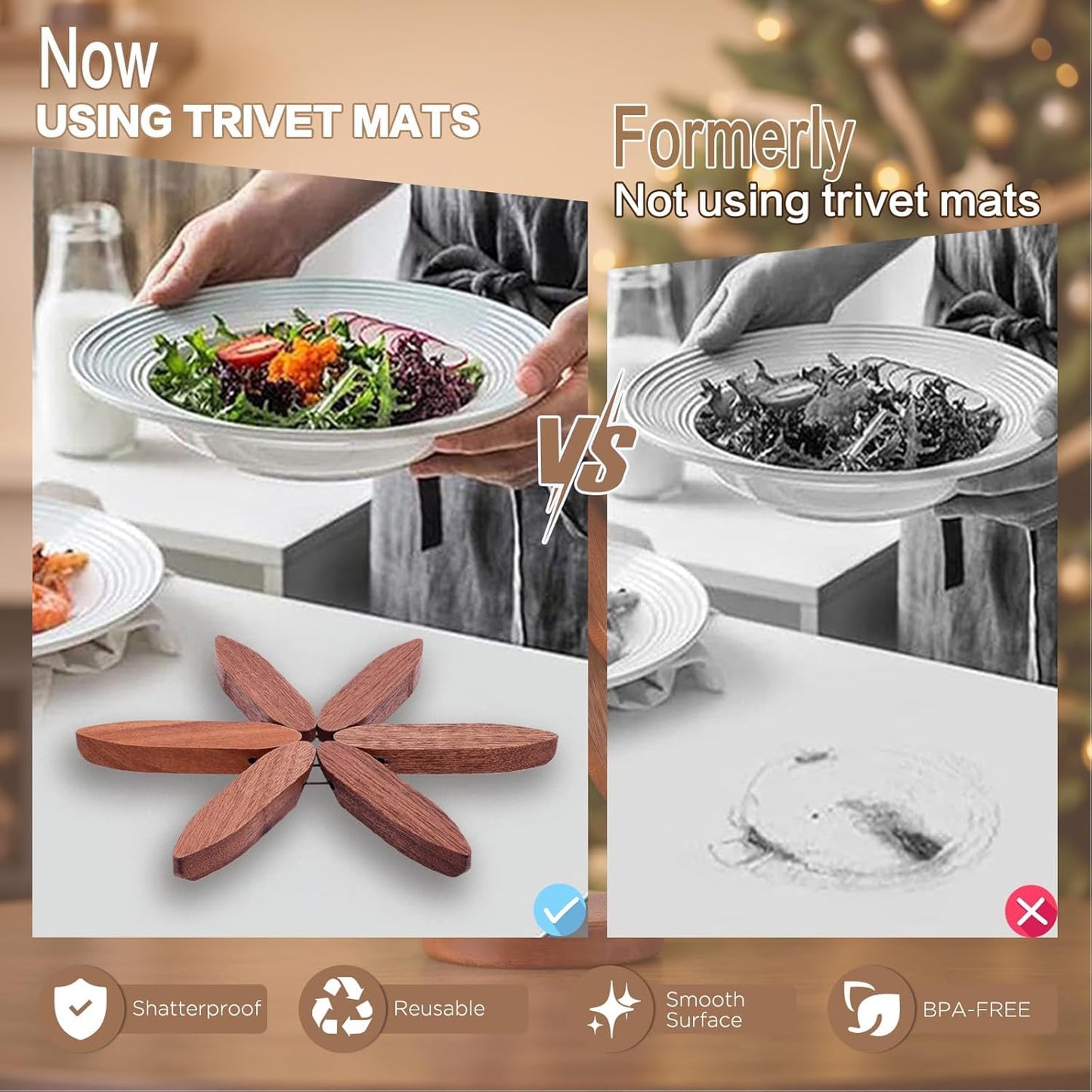 Wooden Trivets for Hot Dishes, Tree Shape Trivet Set, 5 Walnut Wood + 1 Stand stored Like a Christmas Tree,Foldable Kitchen Wooden Trivet,for Hot Dishes、Pot、Bowl、Teapot、Hot Pot Holder(Walnut Wood)