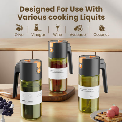 LAKUMIQI 2 in 1 Oil Sprayer for Cooking, 17oz Light-Blocking Glass Spray Bottle with Stickers, Oil Dispenser for Salad, Air Fryer & BBQ