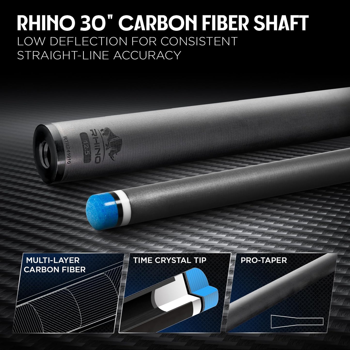 RHINO LUMINAX Carbon Fiber Billiard Cue Stick, Pro Taper Low Deflection Shaft, 3/8-8 Stainless Steel Joint, Composite Butt, Sport Wrap Grip