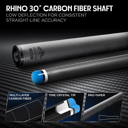 RHINO LUMINAX Carbon Fiber Billiard Cue Stick, Pro Taper Low Deflection Shaft, 3/8-8 Stainless Steel Joint, Composite Butt, Sport Wrap Grip