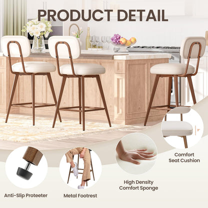 MALOL 26“ Swivel Bar Stools Set of 4, Mid Century PU Leather Counter Height Bar Chairs with Low Back and Metal Legs, Modern Bar Stool Chair for Kitchen Island, Beige