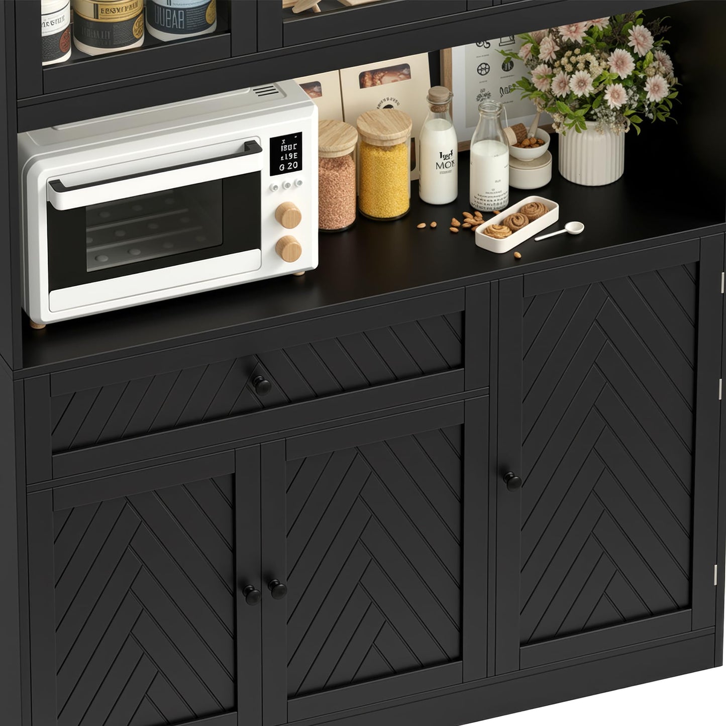 BOTLOG 72” Tall Kitchen Pantry Storage Cabinet, Modern White Kitchen Hutch with Large Storage Drawer, Countertop, Adjustable Shelves, Food Pantry Cabinets for Dining Room, Living Room (Black)