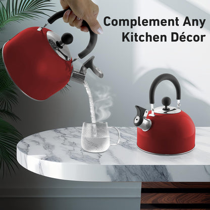 Lily's Home 2 Quart Stainless Steel Whistling Tea Kettle, the Perfect Stovetop Tea and Water Boilers for Your Home, Dorm, Condo or Apartment. Red