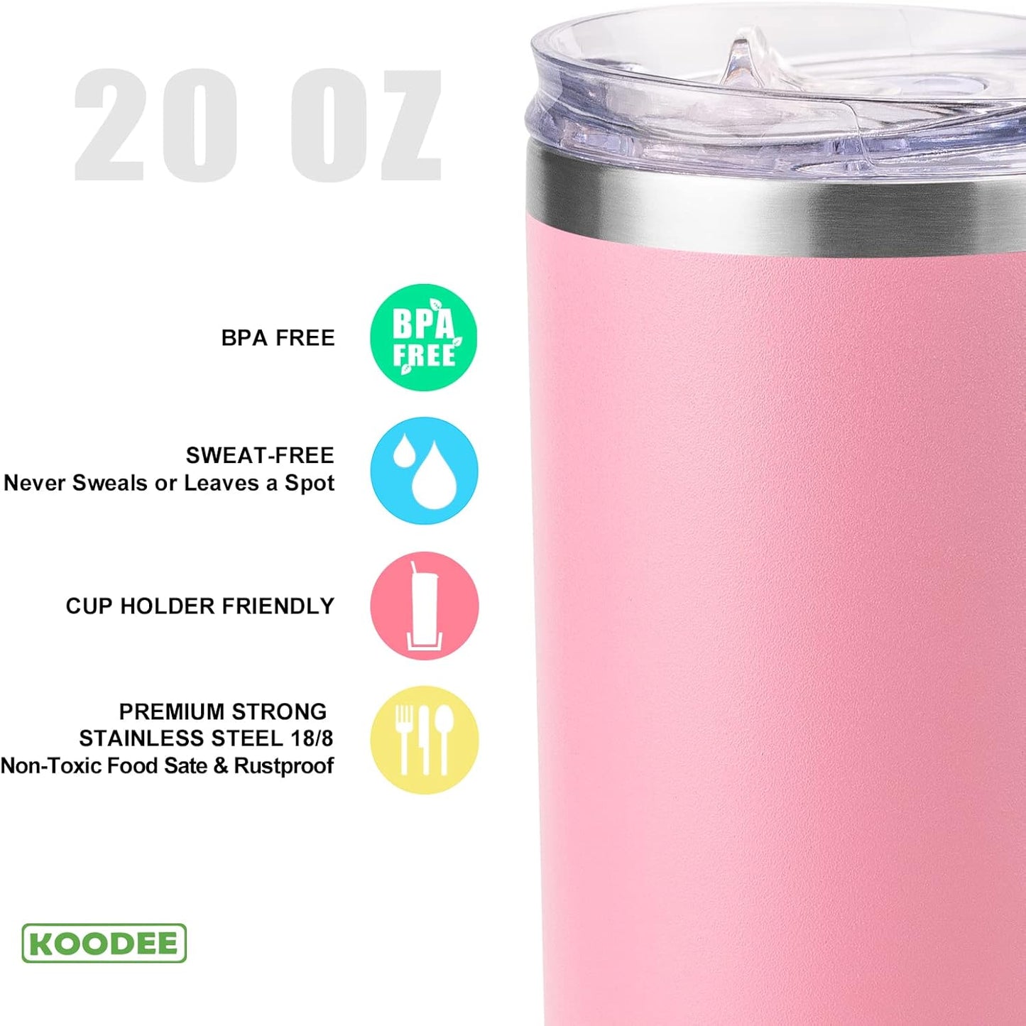 20 oz Tumbler(4 Pack) koodee Stainless Steel Skinny Double Wall Insulated Water Tumbler Cup with Lids, Straws and Straw