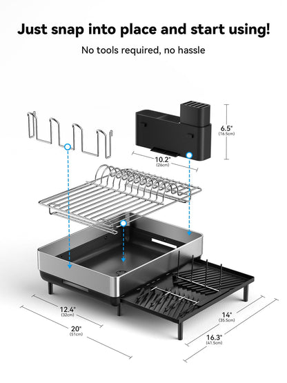 SUNLY Large Dish Drying Rack, Expandable Dish Racks for Kitchen Counter, Space Saving 304 Stainless Steel Drying Rack Kitchen, Extra Large Drainer with Multifunctional Flip Up Pegs, Black