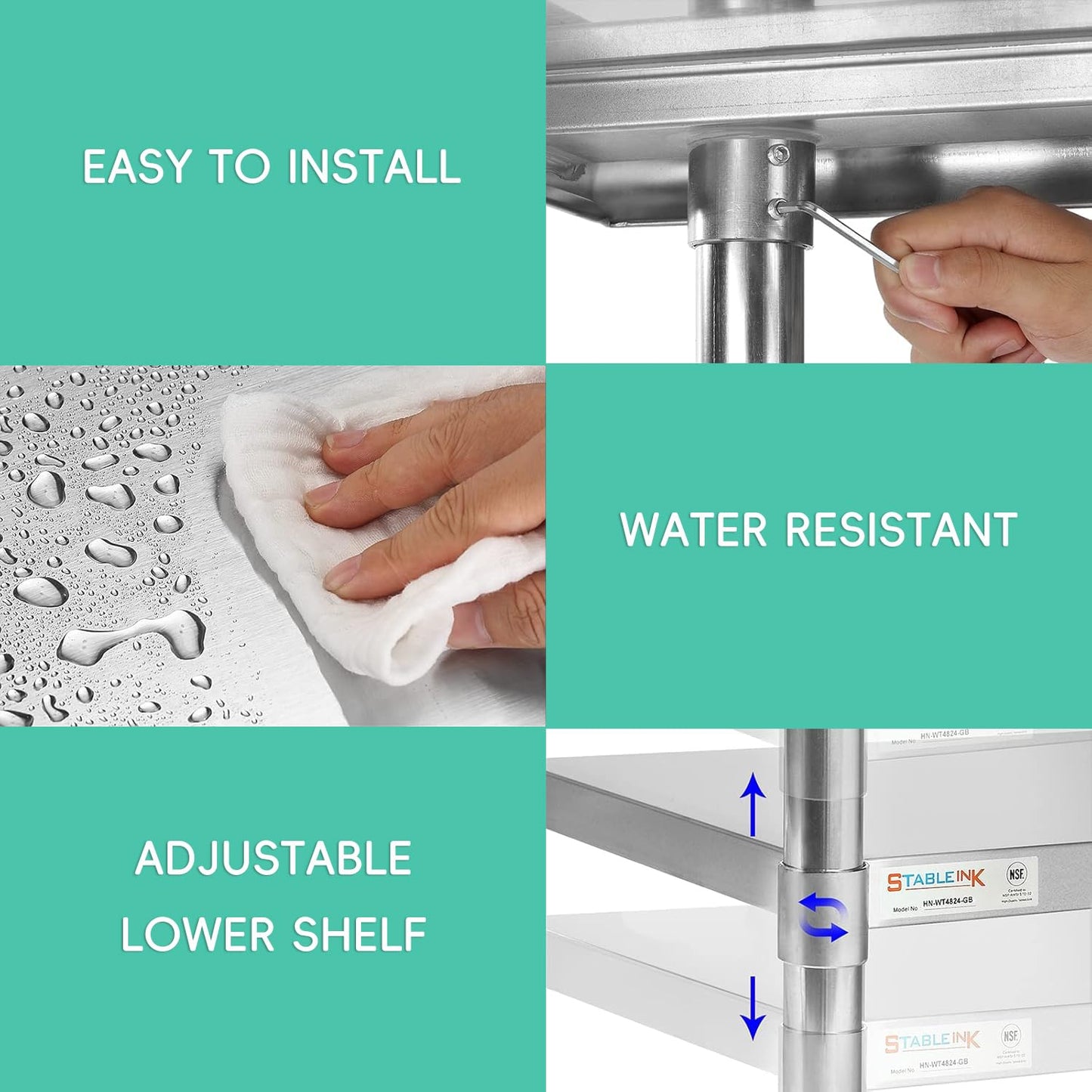STABLEINK NSF Stainless Steel Table 60x24 Inches 5ft, Metal Prep & Work Table with Backsplash and Adjustable Undershelf, for Commercial Kitchen, Restaurant, Hotel, Laundry and Garage