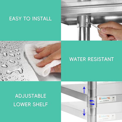 STABLEINK NSF Stainless Steel Table 60x24 Inches 5ft, Metal Prep & Work Table with Backsplash and Adjustable Undershelf, for Commercial Kitchen, Restaurant, Hotel, Laundry and Garage