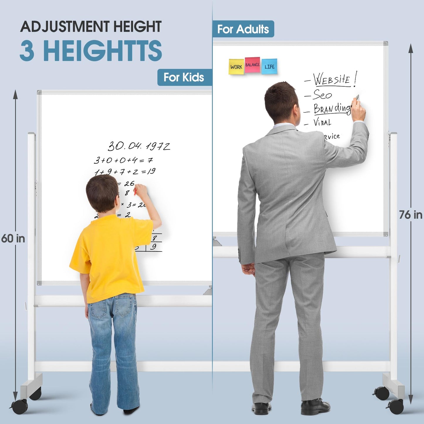 MaxGear Big Mobile Whiteboard, 72x40 Double Sided Magnetic Dry Erase Board with Stand, Height Adjustable Rolling Whiteboard for Home, School & Office, Heavy-Duty Aluminum Frame & Reinforced Packaging