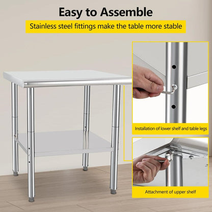 GarveeTech Stainless Steel Food Prep Table, 24 x 30 in NSF Commercial Kitchen Metal Table with Adjustable Lower Shelf and Plastic Feet, Steel Work Prep Table for Restaurant Home Hotel