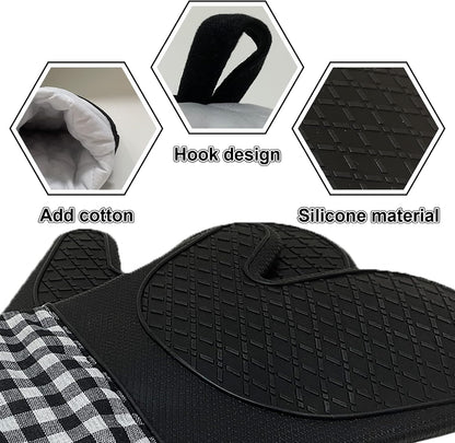 4pcs Set Oven Gloves and Pot Holder Set, Heat-Resistant 500 Degree, Non-Slip Food-Grade Long Oven Gloves