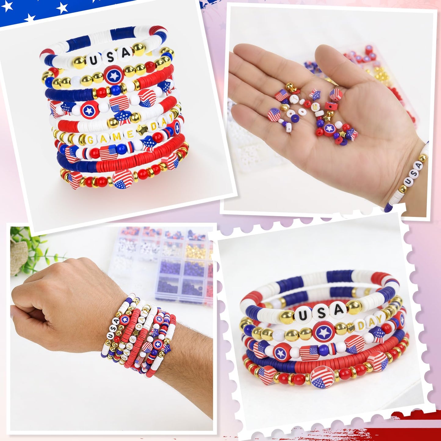 YXFEIR 2480pcs Clay Beads & Charms Jewelry Making Kit, 4th of July White Red Blue Beads Bracelet with Clay Beads Glass Seed Beads, Patriotic-Themed Bracelet Making Kit with Letter Beads and Charms