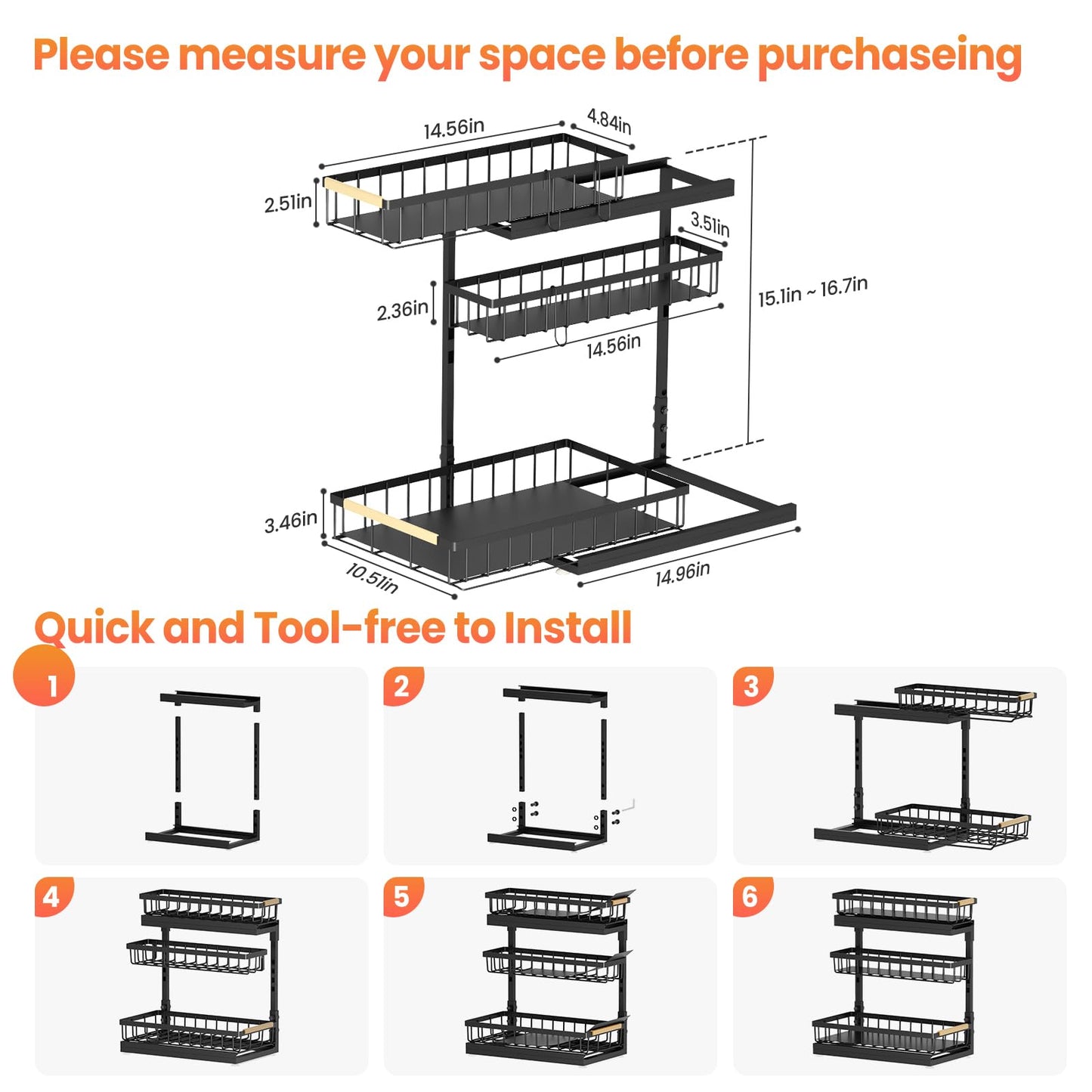 Aekenr Under Sink Organizer and Storage for Bathroom and Kitchen - 2 Pack 3 Tier Under Cabinet Pull Out Shelf Organizers - Slide Out Drawer Organization for Home Cabinets Shelves and Drawers