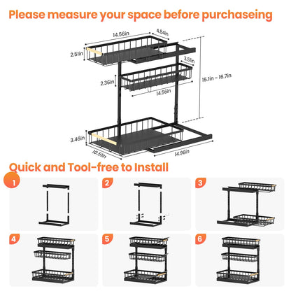 Aekenr Under Sink Organizer and Storage for Bathroom and Kitchen - 2 Pack 3 Tier Under Cabinet Pull Out Shelf Organizers - Slide Out Drawer Organization for Home Cabinets Shelves and Drawers