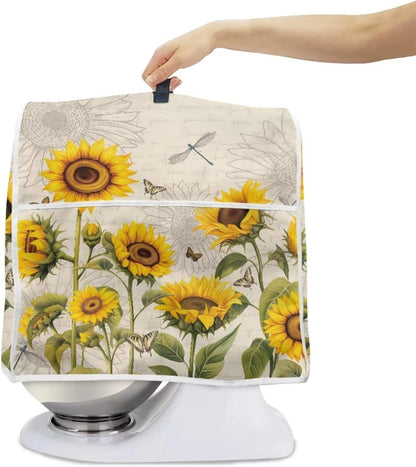 Sunflower Dragonfly Dust-proof Cover for Kitchen Aid Mixer, Water-resistant with 2 Pockets for Accessories, Easy