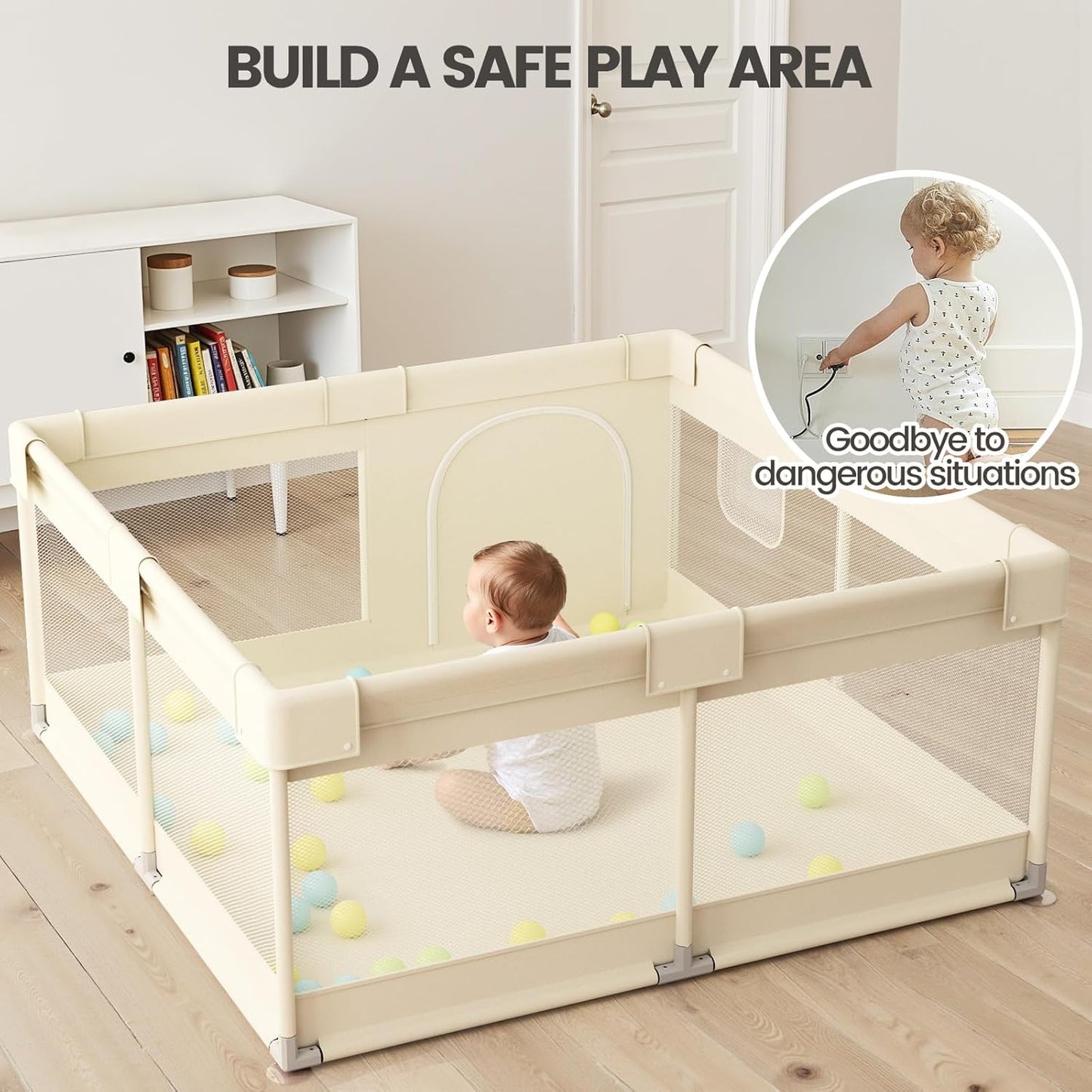 Uanlauo Baby Playpen - Safe 47x47in Indoor Playpen for Babies & Toddlers with Storage Bag & Breathable Mesh
