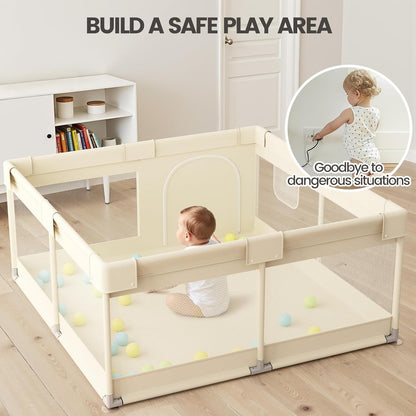 Uanlauo Baby Playpen - Safe 47x47in Indoor Playpen for Babies & Toddlers with Storage Bag & Breathable Mesh