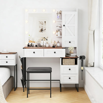 NUNU LAB Large Vanity Desk with Mirror and Lights with 5 Drawers, Women Makeup Table with Power Outlet, 3-Color Adjustable Lighting for Bedroom Brown (006 White & Brown, 39.37 * 17.75 * 58.27in)