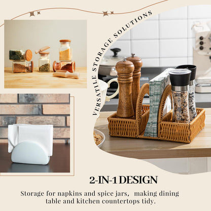 Boho Rattan Napkin Holder with Spice Rack Woven Dining Table Organizer for Napkins, Condiments Utensils Kitchen Counter Decor, Rustic Picnic Party Serving Caddy