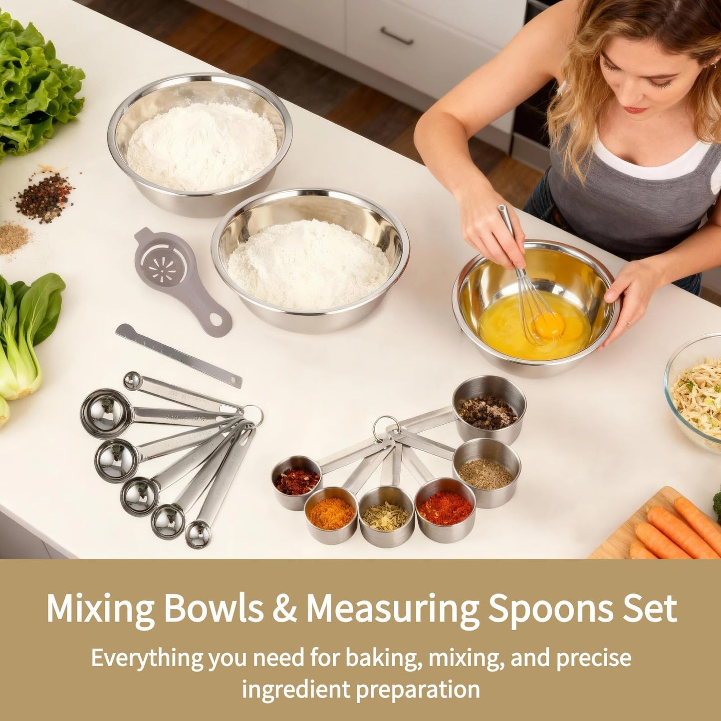 17 PCS Stainless Steel Mixing Bowls Set, Includes 3 Sizes Containers, 12 Measuring Tools, 10 in Whisk, Plastic Egg Separator, Essential Kitchen Utensil Set for Cooking, Baking, Meal Prep