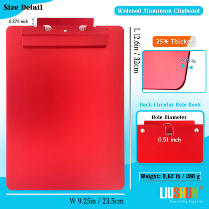 Aluminum Metal Clipboard Flat Heavy Duty Hangable Spring Clip Board with Pen Chain Hole Letter Size A4 9.25" x 12.6" for School Office Business Medical Professionals Workshop Factory (Red, A4)