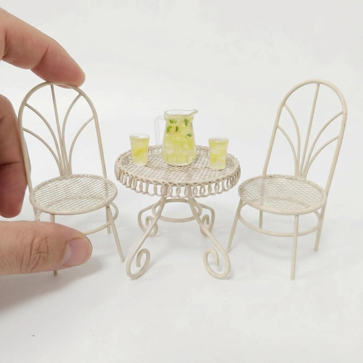 6 PCS Dollhouse Miniature Bistro Table & Chairs Set with Lemonade Pitcher and Cups 1 12 Scale Fairy Garden Kitchen Decoration Accessories