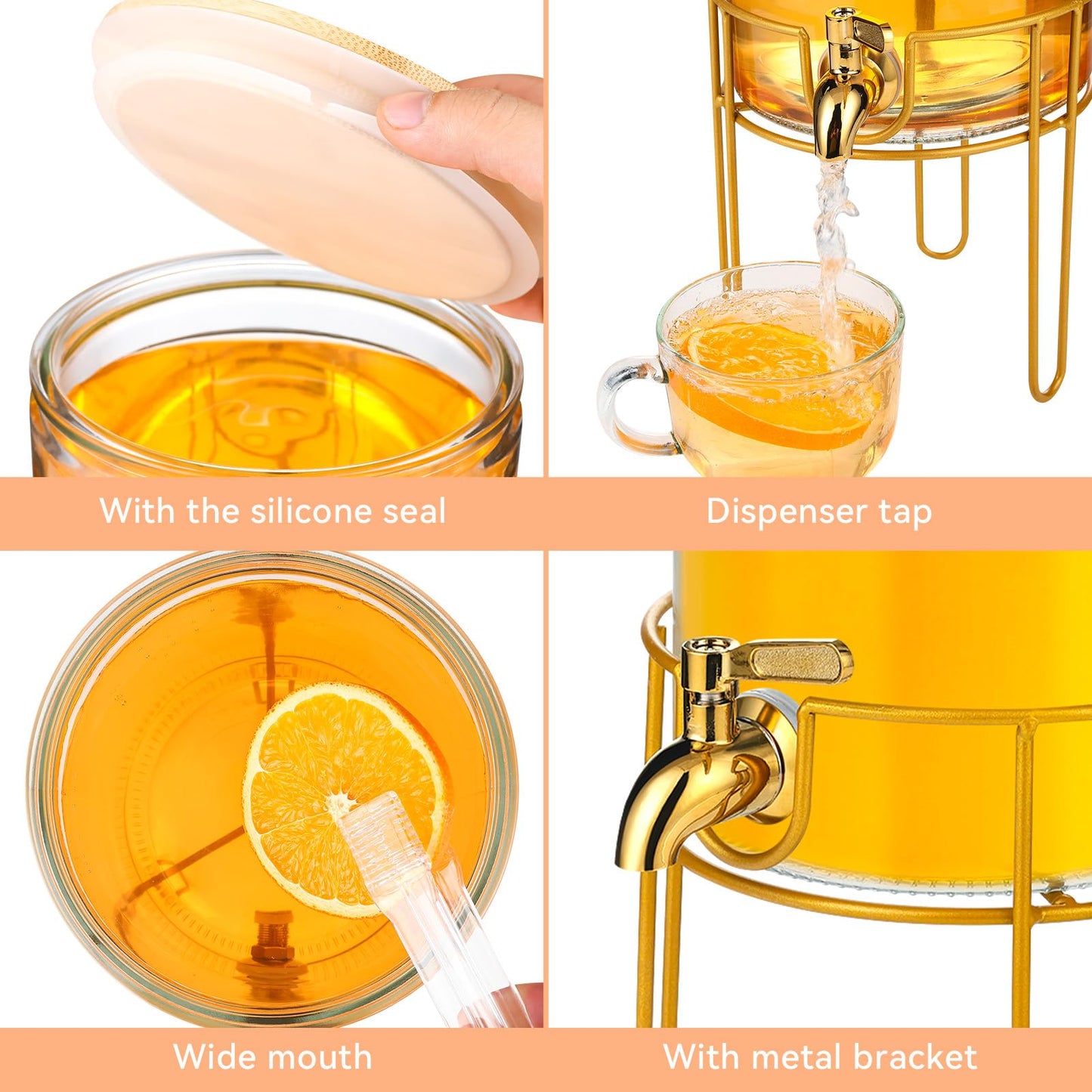 1 Gallon Drink Dispenser,2 Pack Glass Beverage Dispenser With Stand,Juice Containers with Lid for Party,Drink Dispensers for Parties With Spigot for Lemonade/Soda/Tea