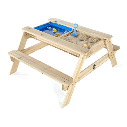 Plum® Surfside Wooden Sand and Water Picnic Table - Sensory Table Activity for Kids, Toddler Summer Outdoor Toys, Sturdy Sandbox with Removable Lid, Easy to Clean, Backyard Games for Kids 2+ Years Up