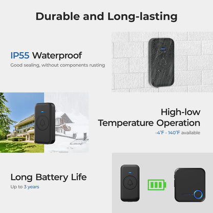Wireless Doorbell, Waterproof Door Bell with 60 Chimes, 5 Levels Volume and LED Flash, 1000ft Long Range Classroom Doorbell for Home Office Hospital (2 Receiver & 1 Button, Black)