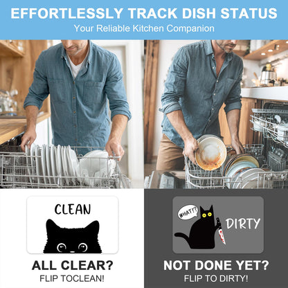 Funny Black Cat Cartoon Clean Dirty Dishwasher Magnet, Washing Machine Magnets Flip, Cute Cat Refrigerator Clean Dirty Sign, Double Sided Reversible Non Scratch Dish Washer Magnet Sign (White&Gray)