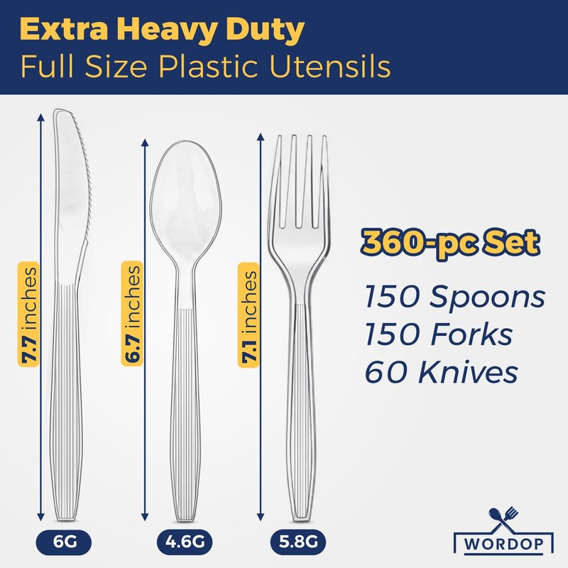 360 Count Extra Heavy Duty Plastic Silverware Set – Heat Resistant & BPA Free Disposable Silverware Cutlery 150 Forks, 150 Spoons, 60 Knives – Clear Premium Plastic Utensils for Parties & Events