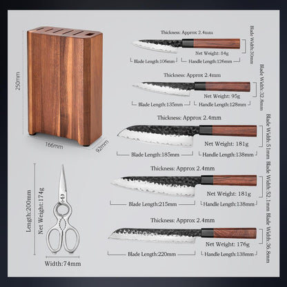 HEZHEN Knife Block Set, 7 Piece Chef Knife Set with Block&Siccor, 3 Layers Clad Steel Kitchen Knife, Kitchen Scissors Acacia Wood Knife Block, Room-saving, Gift Ready Set