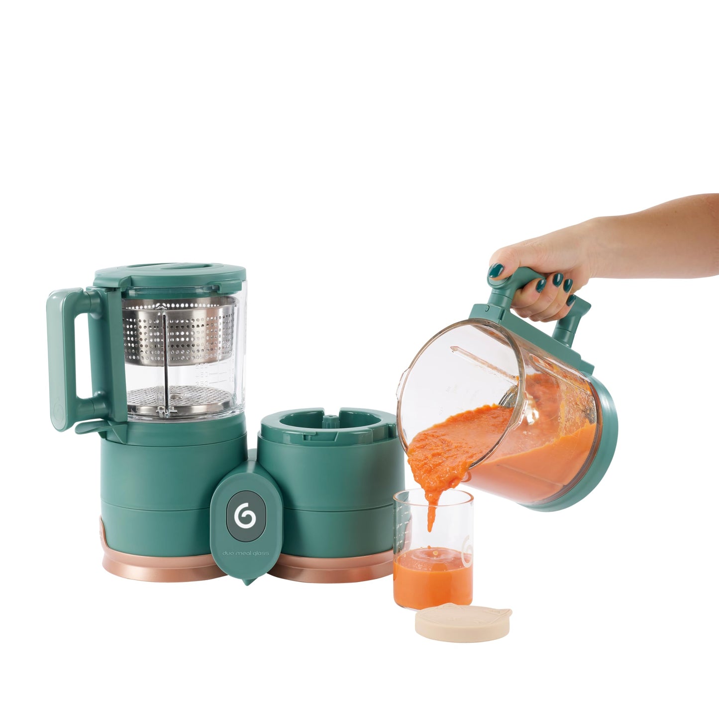 Babymoov Duo Meal Glass Food Maker - Baby Food Processor with Built-in Glass Steamer, Stainless Steel Basket, and Glass Blender (Over 6 Cup Capacity), Dark green